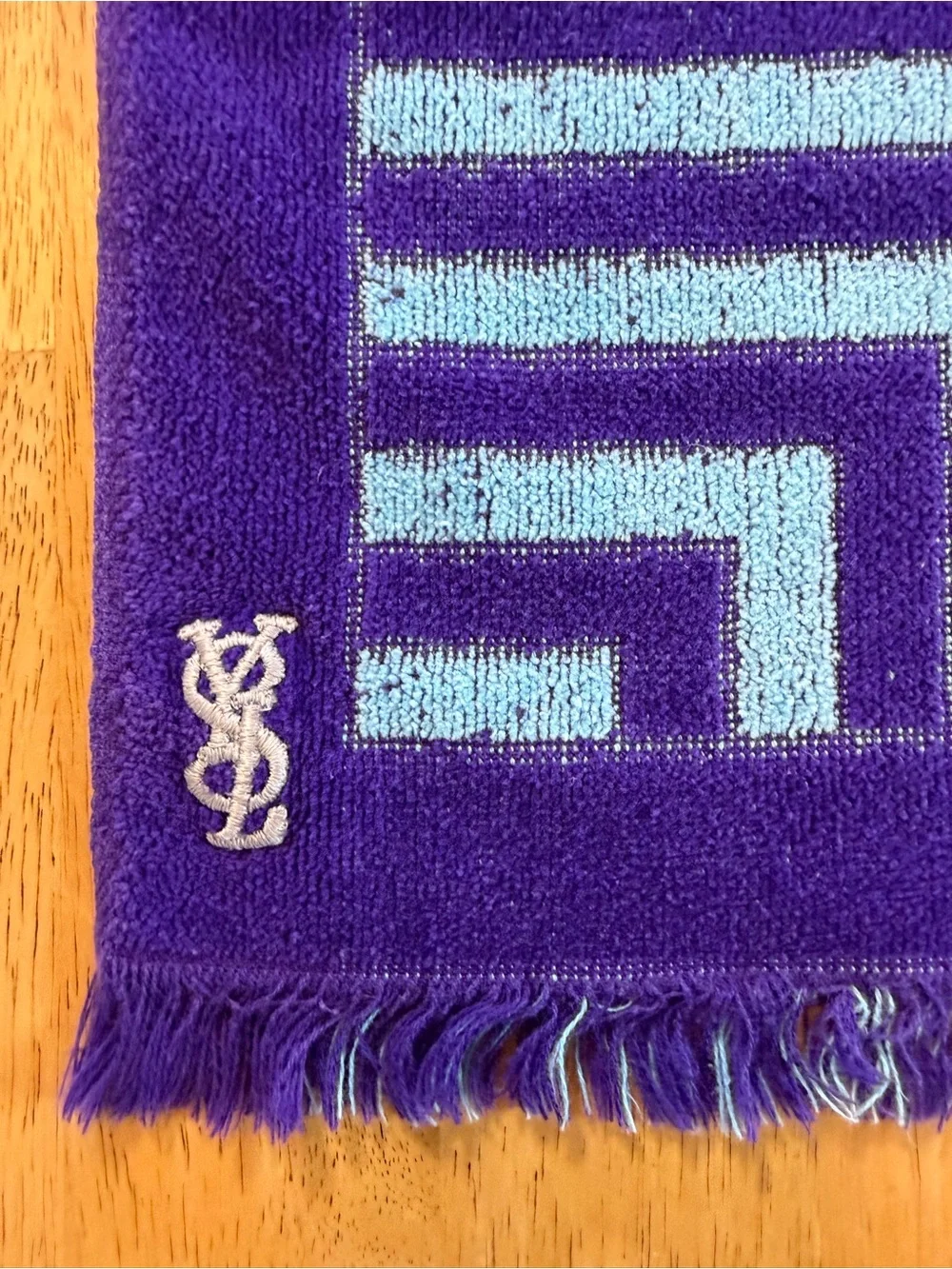 Vtg YSL Yves Saint Laurent Fieldcrest Hand Towel Set 2 FringePurple/Teal Stripe